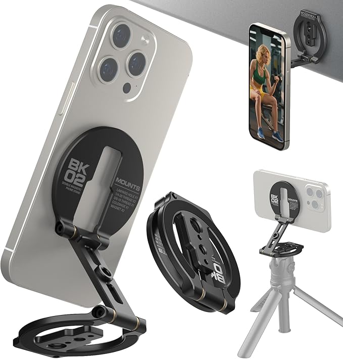 Dual Magnetic Phone Stand Holder Double Magnetic Phone Holder Ultrathin Foldable 1/4" Screw Tripod Mount for iPhone 16 15 14 13 12 Pro Max Plus Gym Magnet Phone Stand (Black)
