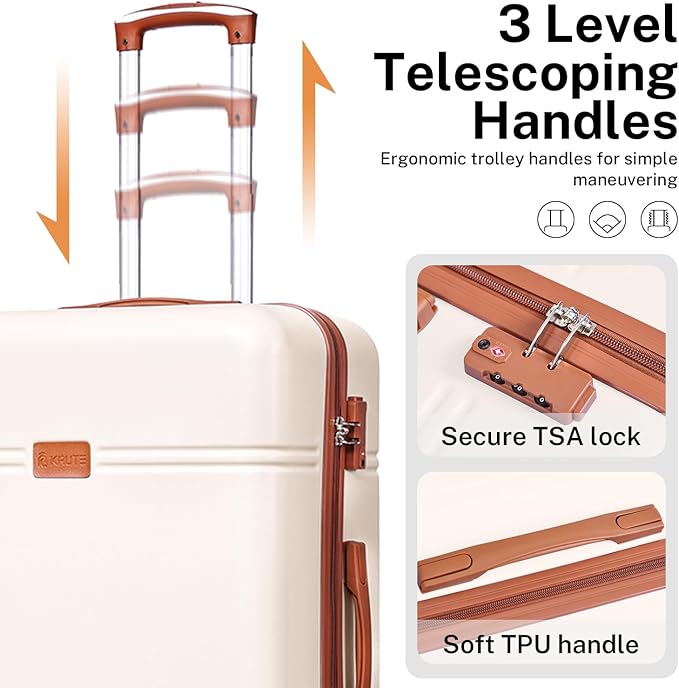 Krute Carry On Luggage 3 Pieces Suitcase Set with Toiletry Bag Hard Shell PC+ABS Airline Approved Suitcases with Spinner Wheels TSA Approved 20 Inch Luggage