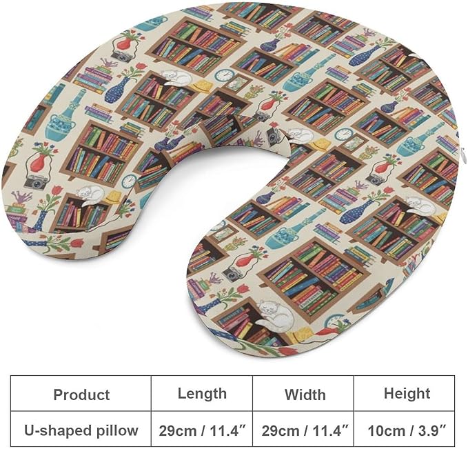 Breathable Memory Foam Travel Pillow U Shaped Chin Head Support Sleeping Cat Bookshelf Library, Removable Washable Cover for Airplane Car Office Pain Relief