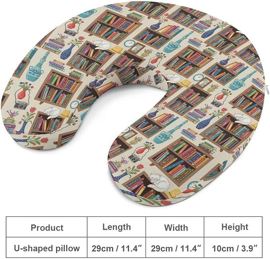 Breathable Memory Foam Travel Pillow U Shaped Chin Head Support Sleeping Cat Bookshelf Library, Removable Washable Cover for Airplane Car Office Pain Relief
