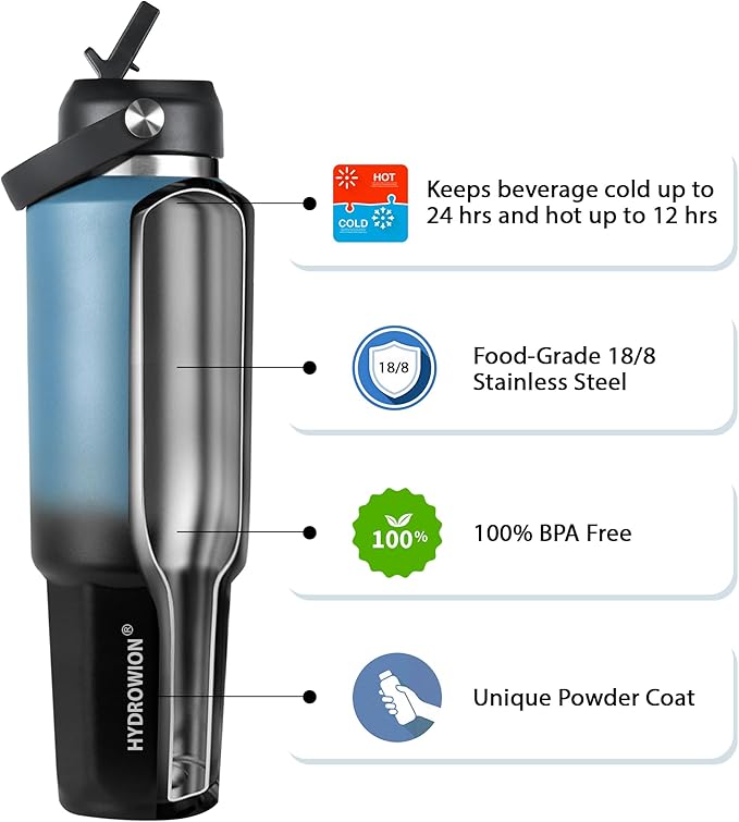 HYDROWION 32 oz Insulated Water Bottle, Car Water Bottle Holder - Double Wall Vacuum Insulated Travel Bottle with Straw Lid, Spout Lid and Flex Cap - Cold for 24H, Hot for 12H, Blue - Black
