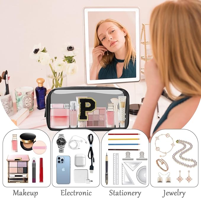 Personalized Initial Letter Clear Makeup Bag,Preppy Small Nylon&PVC Cosmetic Zipper Bag with Chenille Letter,Travel Skincare Toiletry Bag,Monogram Christmas Gift for Teen Girls Women,P