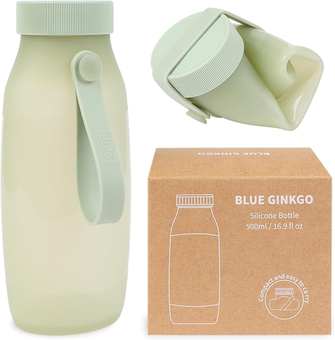 BLUE GINKGO Collapsible Water Bottle – Lightweight, Foldable Silicone Bottle for Travel, Hiking, and Camping (16.9oz, Made in Korea, Olive Green)