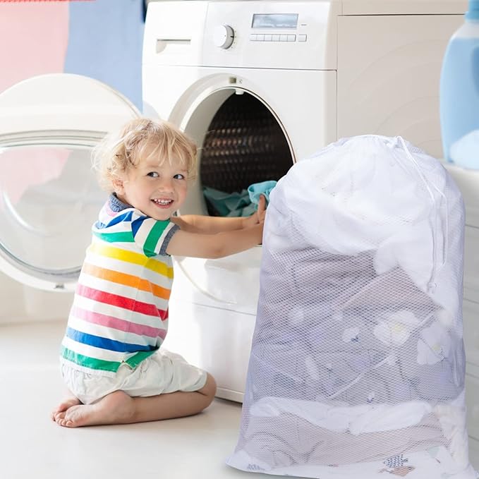 Meowoo Large Mesh Laundry Bag, 24×36inch Heavy Duty Mesh Laundry Bags Drawstring Lockable, Laundry Hamper Liner, Machine Washable, for Travel,Storage, Sports Factories, Dorms, White 4pcs