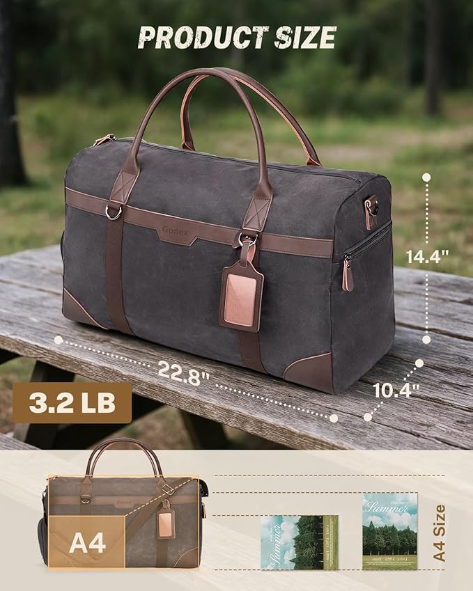 Gonex Waxed Canvas Duffle Bag for Travel, Water-resistant Vintage 55L Duffel Weekender with Shoes Compartment & Luggage Tag, Heavy-duty Overnight Bag with Suitcase Handle Sleeve for Men, Dark Grey