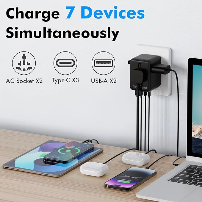 7 in 1 Travel Adapter Worldwide w/GaN 45W, 2 USB-A (15W), 3 USB-C (45W), 2 AC Outlets, Safety Certified International Plug Adapter for Universal Laptop, Phone, Camera for US, EU, UK, AU