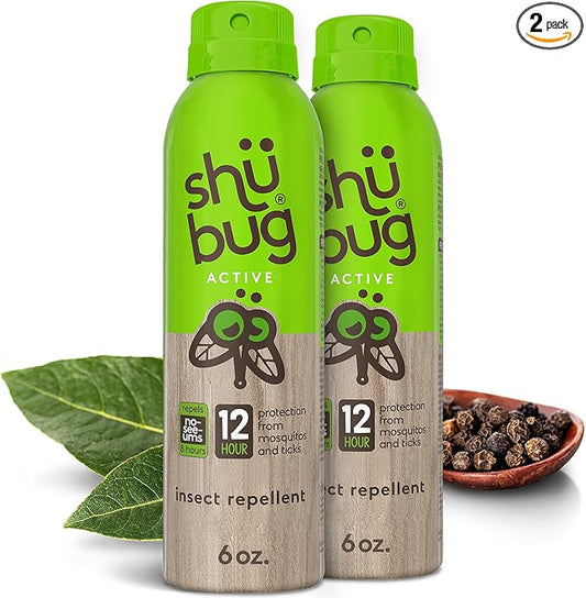 Shubug Active Insect Repellent Spray with Picaridin, DEET Free Mosquito and Tick Protection, Long Lasting Up to 12 Hours, Unscented, 6oz (Pack of 2)