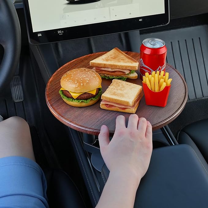 ELECFRESH 360° Rotating Cup Holder Tray Organizer for Car Center Console, Steering Wheel Tray, Detachable Snack/Drink/Phone Holder, Fits for 2025 2026 Tesla Model 3 Y X，Ford F150 Accessories