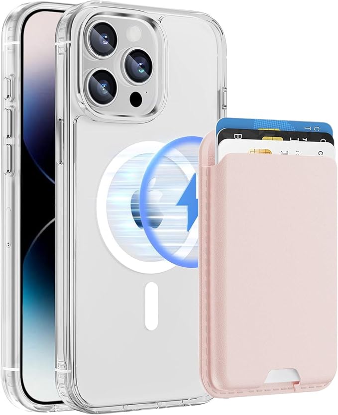 Ntwinro Magnetic for iPhone 12 Pro Max Clear Case (Compatible with MagSafe) with Pink Detachable Wallet & Card Holder for 3 Cards [RFID Blocking] Military Grade Protective Slim Phone Cover