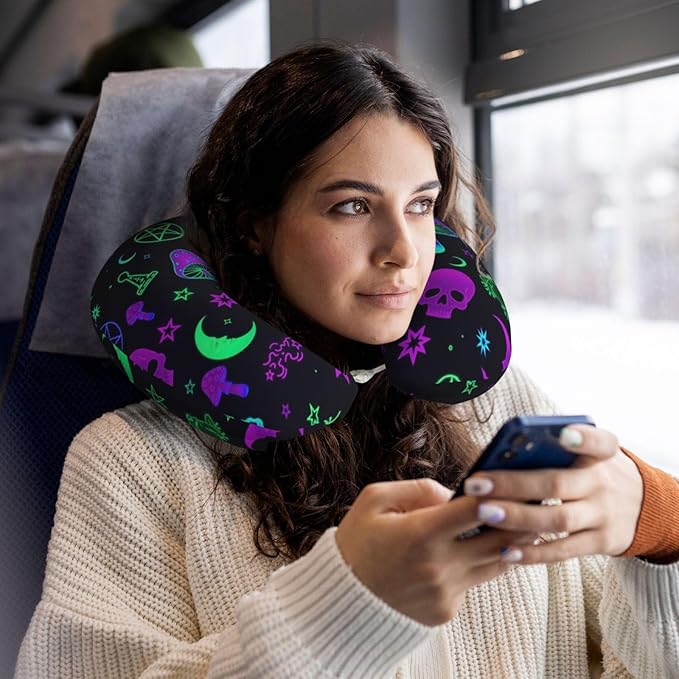 Funny Neck Pillow Support for Car Flight Rest Witch Frogs Goth Moon Skull Mushroom, Memory Foam U Shaped Decor Head Cushion for Home Outdoors Travel
