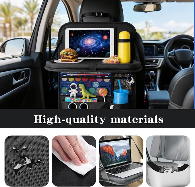 2 Pack Black Backseat Car Organizer with Tablet Holder & Six Storage Pockets - Back of Seat Car Organizer, Road Trip Essentials, Kick Mats for Kids, Vehicle Tidy Protector