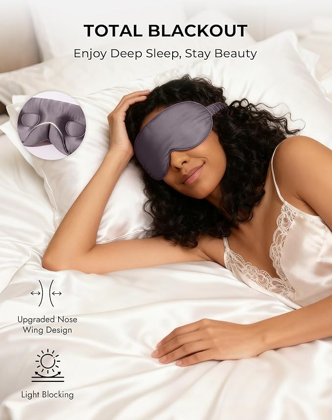 SilkSilky 100% 22 Momme Mulberry Silk Sleep Mask – Upgraded 3D Contoured Eye Mask with Nose Wing Pads & Adjustable Strap, Luxury Blackout Eye Cover for Women & Men (Dark Gray)