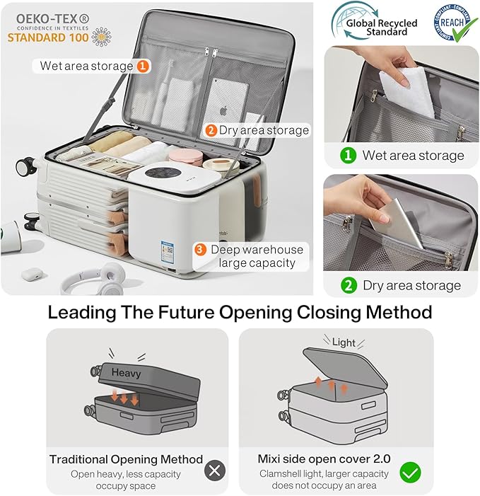 mixi Checked Luggage with Cup Phone Holder and Charger Hard Shell Suitcases with Spinner Wheels, 24 Inch Smoke White