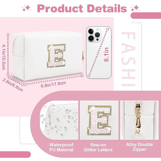Small Initial Patch Makeup Bag Personalized Gifts Make Up Bag,White Cute PU Leather Glitter Letter Cosmetic Bag with Zipper,Trendy Portable Travel Toiletry Pouch,Preppy Stuff for Teen Girls Women E