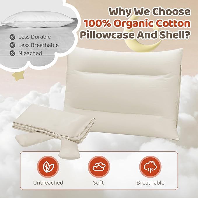 LOFE Organic Pillow with Cartoon Pillowcase -13x18 Adjustable Youth Pillow with Baffle Box, Kids Plilows with Cute Shell, Machine Washable, Perfect for Christmas, New Year's Day and Easter Gifts