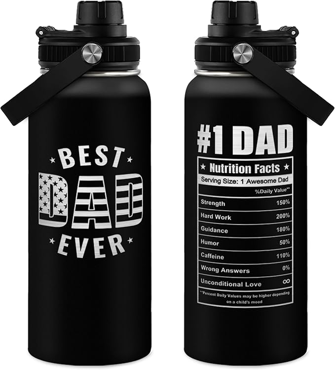 Best Dad Ever Water Bottle 32oz - Dad Bottle Stainless Steel Insulated Sports Bottles with Lid, Gifts for Father from Daughter Son, Dad Gifts for Birthday Christmas Fathers Day