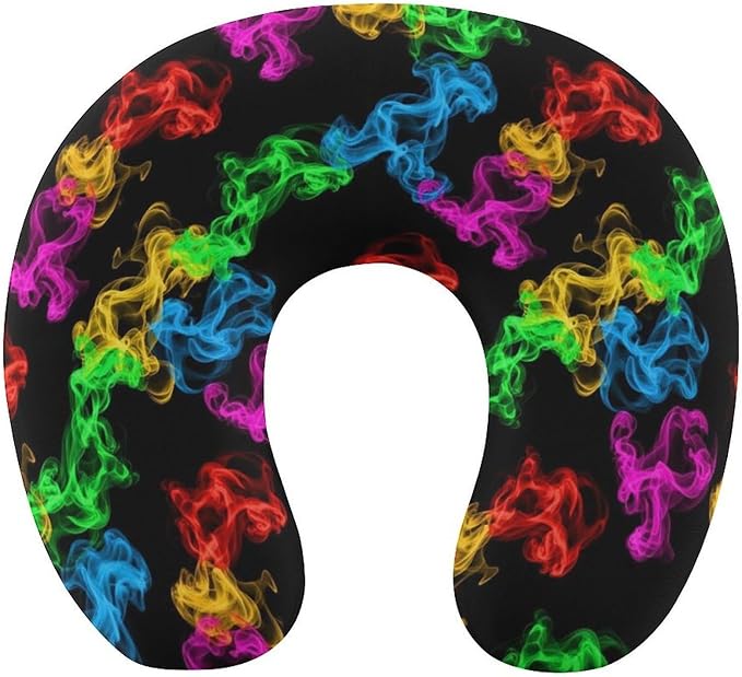 Pain Relief Travel Pillow Memory Foam Chin Support Colorful Smoke Black, Breathable Washable Cover for Airplane Car Office