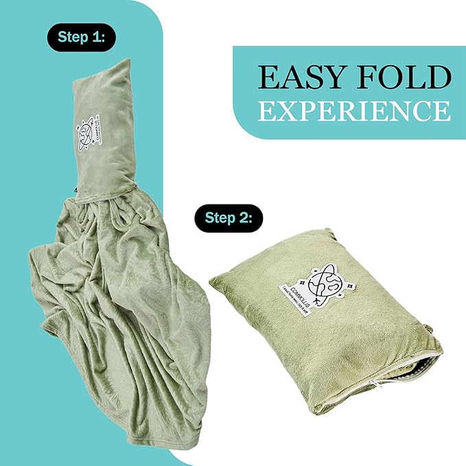 Commollis 2-in-1 Travel Blanket & Pillow for Airplane, Car, Train - Warm Compact Flight Blanket with Luggage Strap & Backpack Clip, Machine Washable, All-Season Use