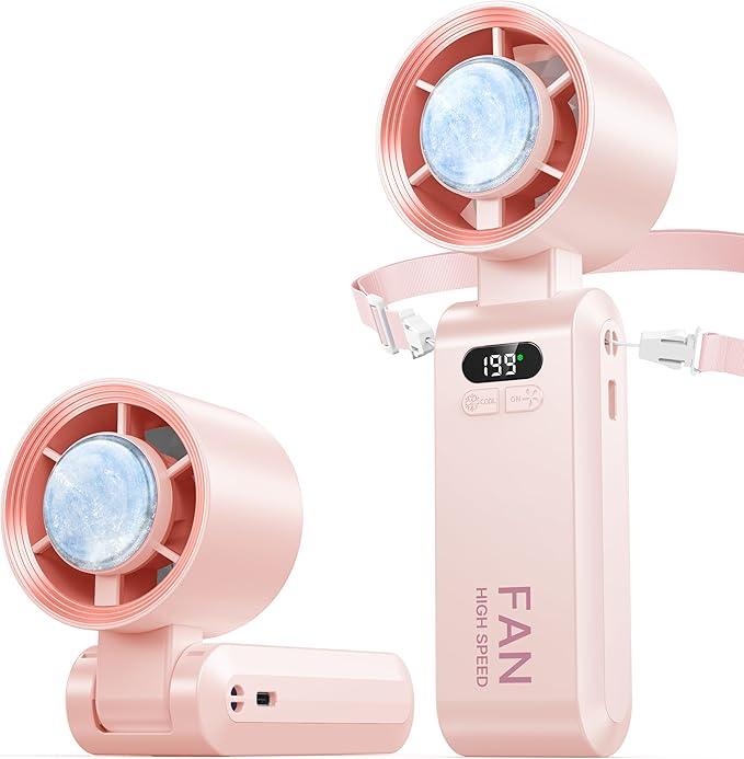 Kimguard 2 Pack Handheld Portable Turbo Fan with Ice Cooler, Speed (1-199) 5500mAh*2 Rechargeable Personal Fan,[20H Cooling Time] Mini Yet Powerful, Small Pocket Fans for Travel/Outdoor/Office, Pink