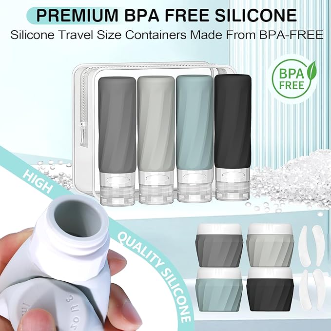 14pack Travel Bottles for Toiletries, TSA Approved Travel Size Toiletries Containers Set, Premium Silicone Leak Proof Refillable Squeezable & Creams jars Accessories Kit W/Clear Bag (Gray)