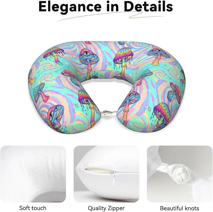 Support Neck Pillow for Youth Travel, Washable Airplane Chin Supporting and Relax U Shaped Pillows Colorful Trippy Mushroom Art