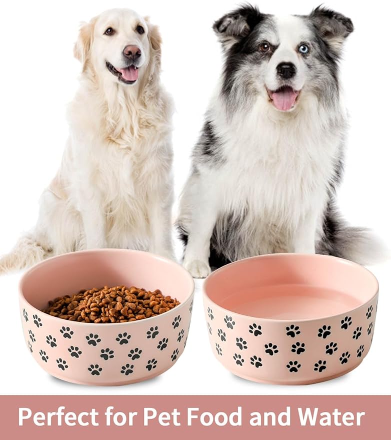 UBEE 6.5 inch Dog Bowls Set of 2, Ceramic Dog Food Water Bowl Dishes with Paw Pattern, Pet Food Water Dish Feeding for Small and Meidum Dogs and Large Cat, Pink