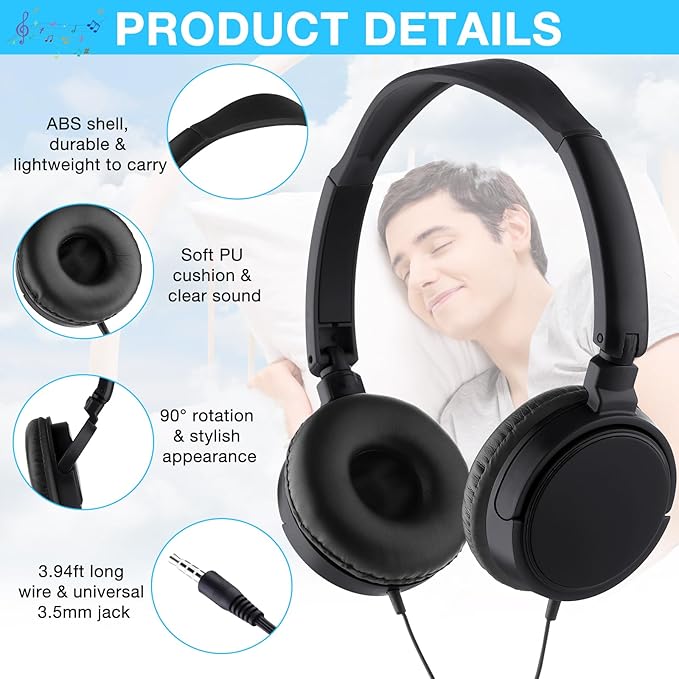 Yunsailing 6 Pack Classroom Headphones Bulk Student Wired Class Headphones Set for School with Individually Wrapped Adjustable Over Ear Head Earbuds (Black)