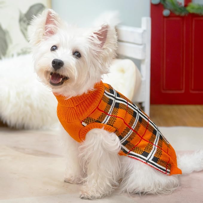 PUPTECK Dog Sweaters for Large Medium Small Dogs - Fall Classic Plaid Style Puppy Holiday Winter Coat Clothes Warm, Reddish Orange, S