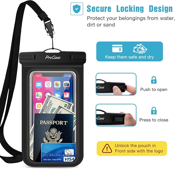 ProCase 2 Pack Waterproof Phone Pouch Case, 7" Universal Underwater Cellphone Dry Bag for iPhone 17 Air 16 15 14 13 Pro Plus Max 12 11, Galaxy S24 S23 S22 Ultra Pixel -Black