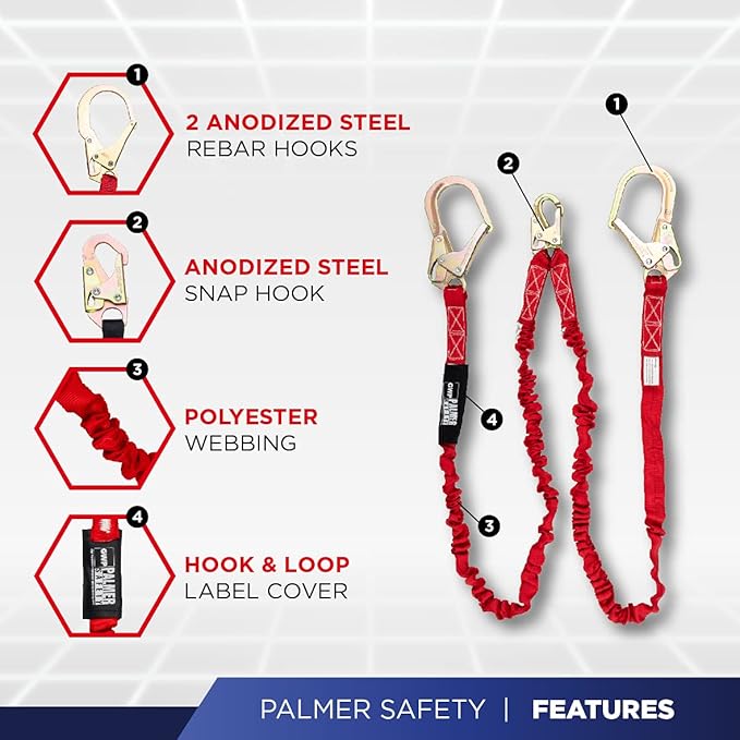Palmer Safety L122233 6 FT Double Legs Safety Lanyard Internal Shock Absorber w/Dual Pelican Rebars I OSHA/ANSI Compliant Restraint Lanyards I Ideal Use for Arborist, Roofer & Construction Workers