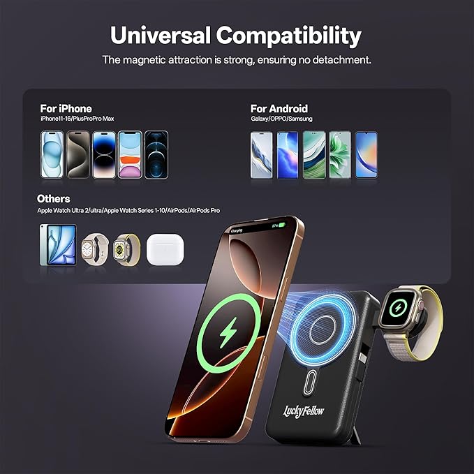 Magnetic Portable Charger Built-in Cables,10000mAh Fast Charging Wireless Charger Station External Battery Pack Slim Pocket Size Power Bank with Stand Compatible with iWatch, iPhone and Android Phones