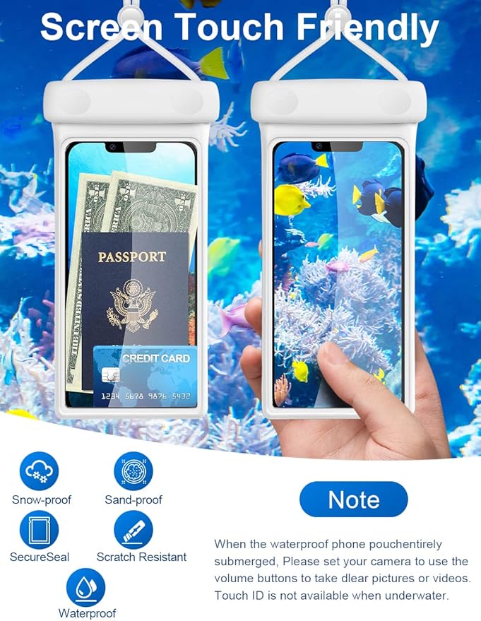 wellhouse Waterproof Phone Pouch, Waterproof Phone Case for iPhone 16 15 14 13 12 Pro Max XS Samsung, IPX8 3D Cellphone Dry Bag Beach Essentials (2 Pack - Duke Green & White7.0, 7 inch)