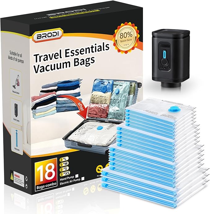 BRODI 18 Combo Pack Travel Vacuum Bags with Pump - Space Saver & Travel Essentials, Clothing & Luggage Vacuum Seal Bags