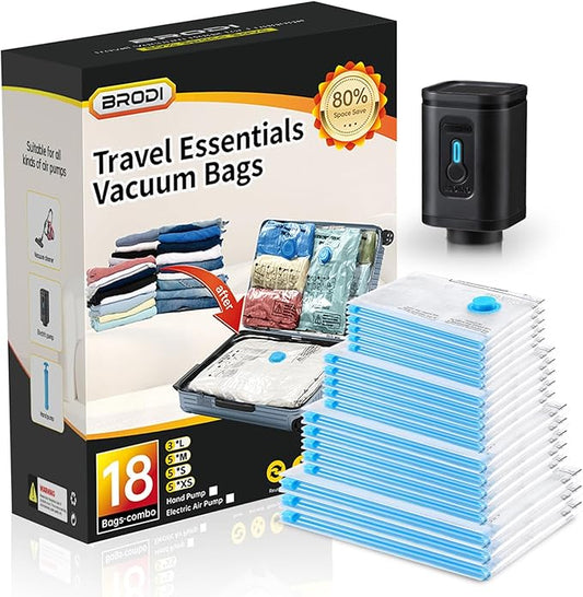 BRODI 18 Combo Pack Travel Vacuum Bags with Pump - Space Saver & Travel Essentials, Clothing & Luggage Vacuum Seal Bags