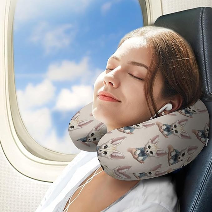 Soft Memory Foam Travel Pillow Chin Support Cute Fennec Fox, Removable Washable Cover for Airplane Car Home Office Nap