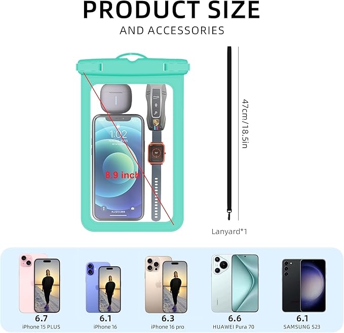 [Up to 8.9" 2 Pack Waterproof Phone Pouch Case,Waterproof Phone Bag for iPhone 17 16 15 14 13 Pro Max Plus Galaxy S25 S24 Ultar Plus+,IPX8 Cellphone Dry Bag Beach Travel Essentials-Green