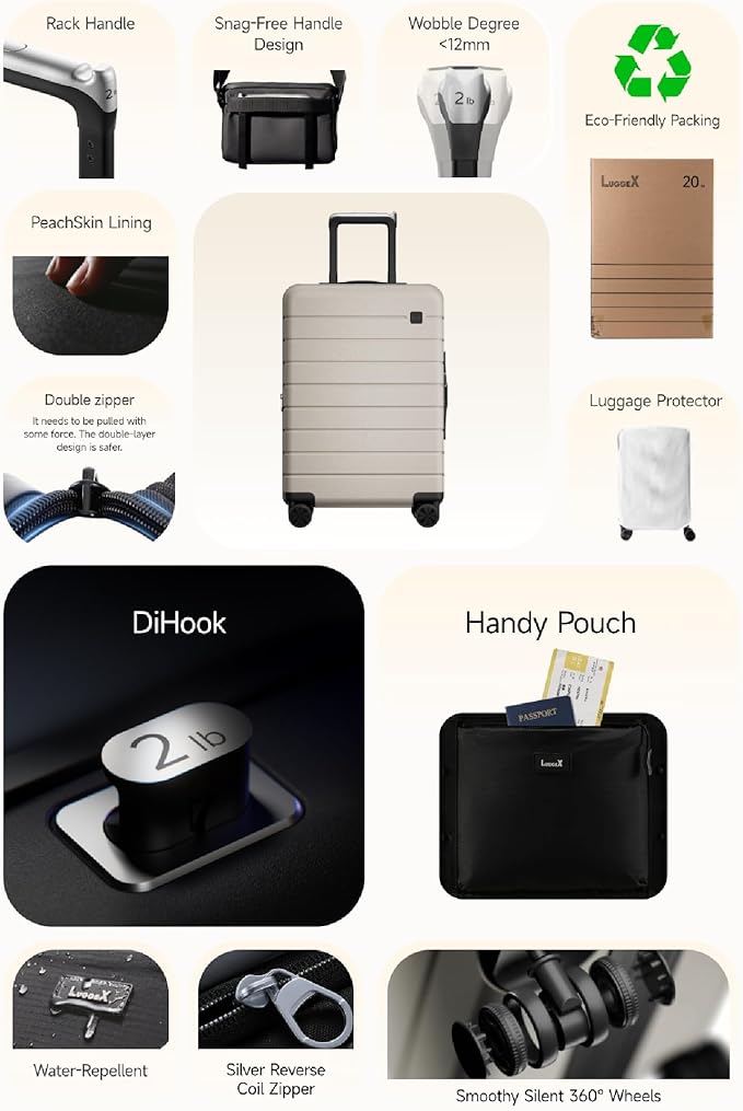 LUGGEX Carry On Luggage HUP3, Accelerate Access with DiHook, Handy Pouch, 20 inch Expandable Hard Shell Suitcases with Spinner Wheels