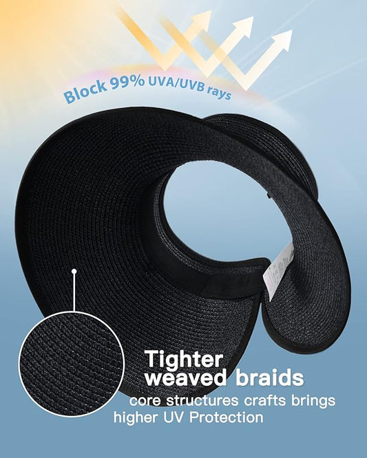 FURTALK Sun Hats for Women Wide Brim Beach Hat Straw Visor Ponytail Summer UV Packable Foldable Beach Vacation Essentials