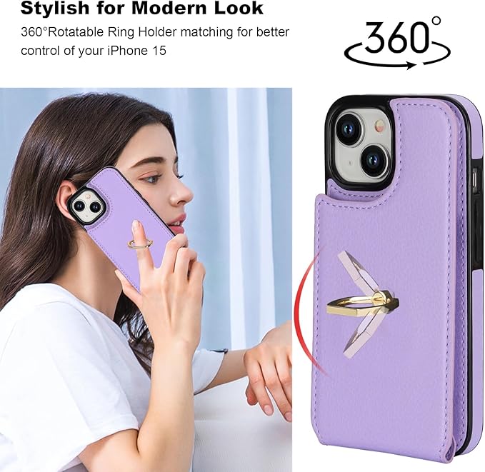 Folosu Compatible with iPhone 15 Case Wallet with Card Holder, 360°Rotation Finger Ring Holder Kickstand, RFID Blocking Leather Protective Double Buttons Shockproof Cover 6.1 Inch (Purple)
