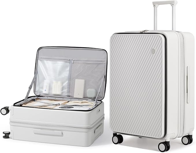mixi 24 Inch Large Expandable Checked Luggage PC Hard Shell Suitcase Top Opening Rolling Travel Suitcases with Spinner Wheels & TSA Lock, Smoke White