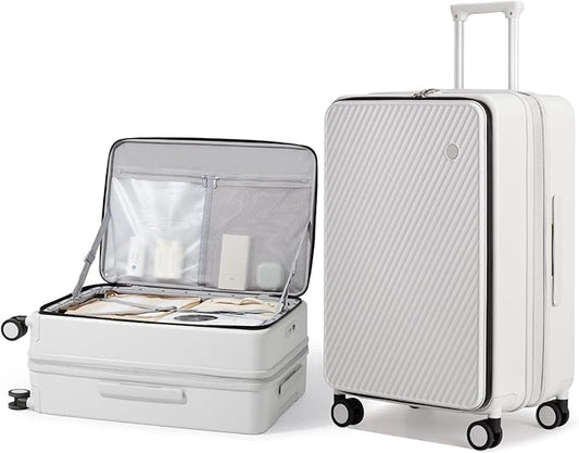 mixi 24 Inch Large Expandable Checked Luggage PC Hard Shell Suitcase Top Opening Rolling Travel Suitcases with Spinner Wheels & TSA Lock, Smoke White