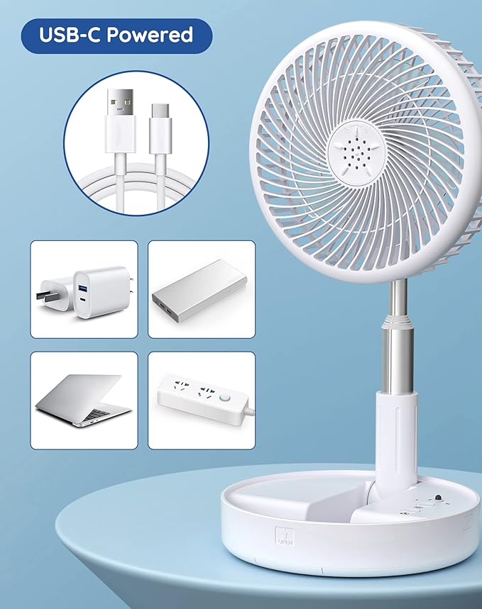 Primevolve Battery Operated Fan,Portable Rechargeable USB Floor Table Desk Fan with Adjustable Height, 4 Speed Settings Pedestal Fan for Bedroom Camping Travel,White 7.7"