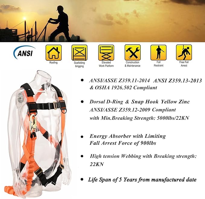 WELKFORDER 1D-Ring Industrial Fall Protection Safety Harness with 6-Foot Shock Absorber Stretchable Lanyard | Permanent attached Kit | ANSI Compliant Personal Fall Arrest System(PFAS)