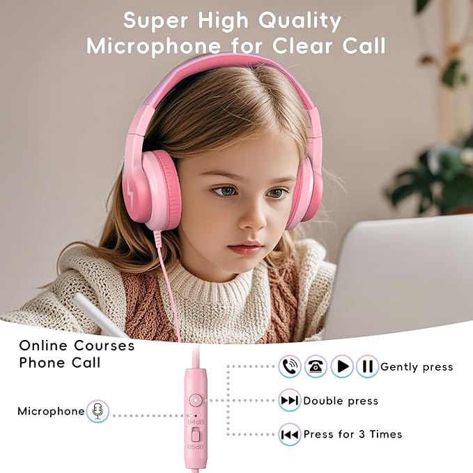 Kids Wired Headphones for Kids with Microphone, 85/94dB Volume Limiter Headphones for Girls Boys, Light Pink