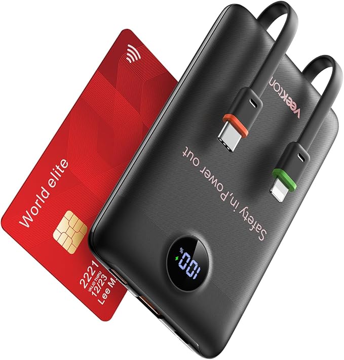 VEEKTOMX Portable Charger,10000mAh Power Bank with Built-in Cable and 22.5W Fast Charging,Travel Camping Essential,for iPhone 17/16/15/14,Samsung 25/24,and More