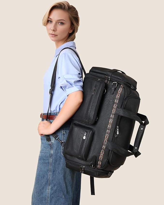 FADEON Duffle Bag for Women, Large Convertible Carry on Overnight Backpack, Designer Leather Mens Weekend Bags for Travel