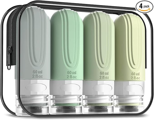 Travel Bottles for Toiletries, Tsa Approved 2oz Travel size Bottles, BPA Free Leak Proof Travels Toiletry Containers, Traveler Accessories with Toiletry Bag for Shampoo Liquid (4 Pack)
