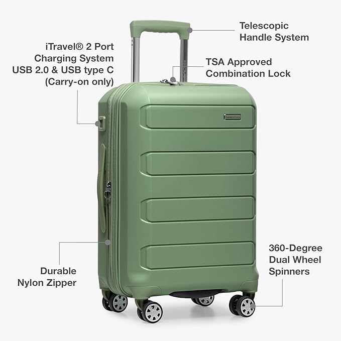 Traveler's Choice Pagosa Indestructible Hardshell Expandable Spinner Luggage, Green, 26-Inch Medium