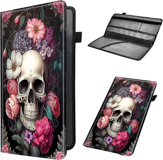 Car Registration & Insurance Holder, Leather Glove Box Organizer, Cool Accessories for ID, Driver's License Cards & Essential Documents, Men & Women's Business Cards, Rose Skull Flower