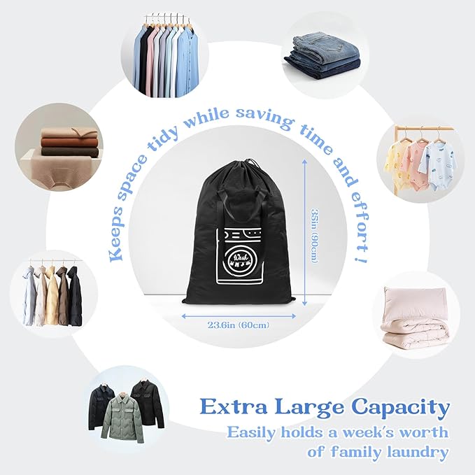 MissBoy Heavy Duty Laundry Bag, Machine Washable Nylon, Splash-Resistant Dirty Clothes Storage Bag with Drawstring & Handles丨Lightweight, Foldable & Space-Saving for College Dorm,Vacations&Trips, 80L